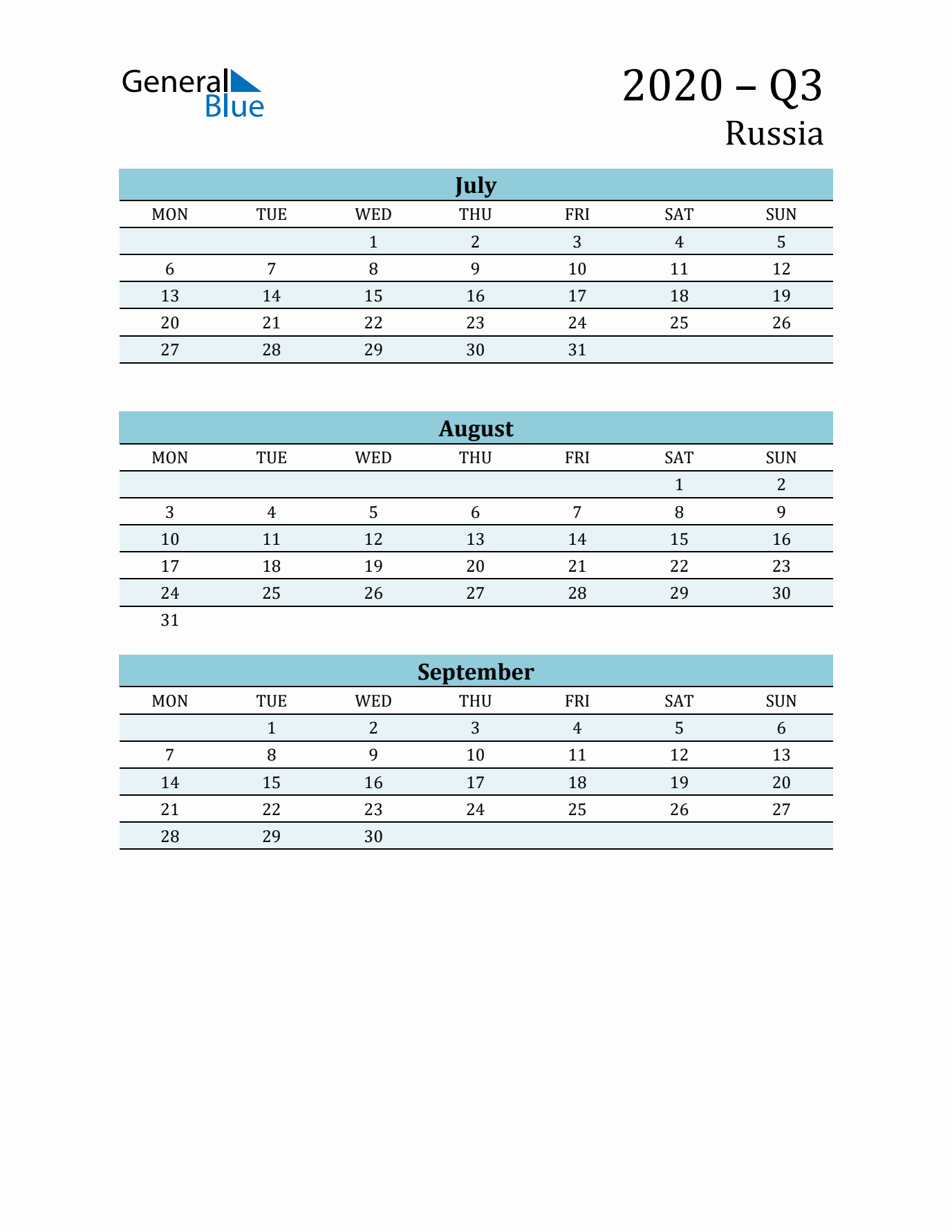 Three-Month Planner for Q3 2020 with Holidays - Russia