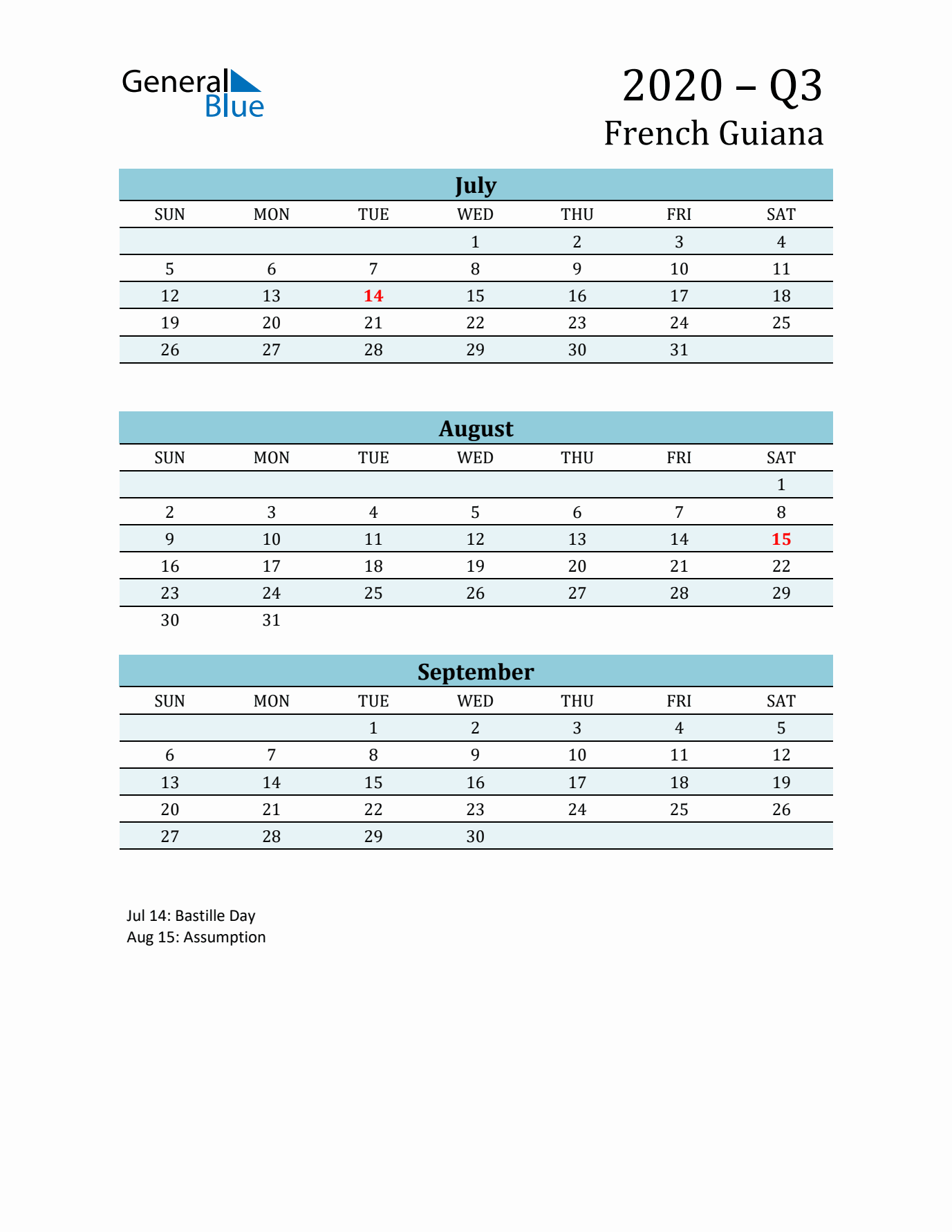 Three-Month Planner for Q3 2020 with Holidays - French Guiana