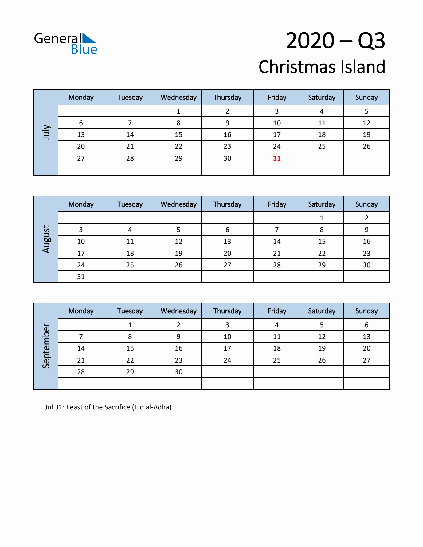 Free Q3 2020 Calendar for Christmas Island - Monday Start