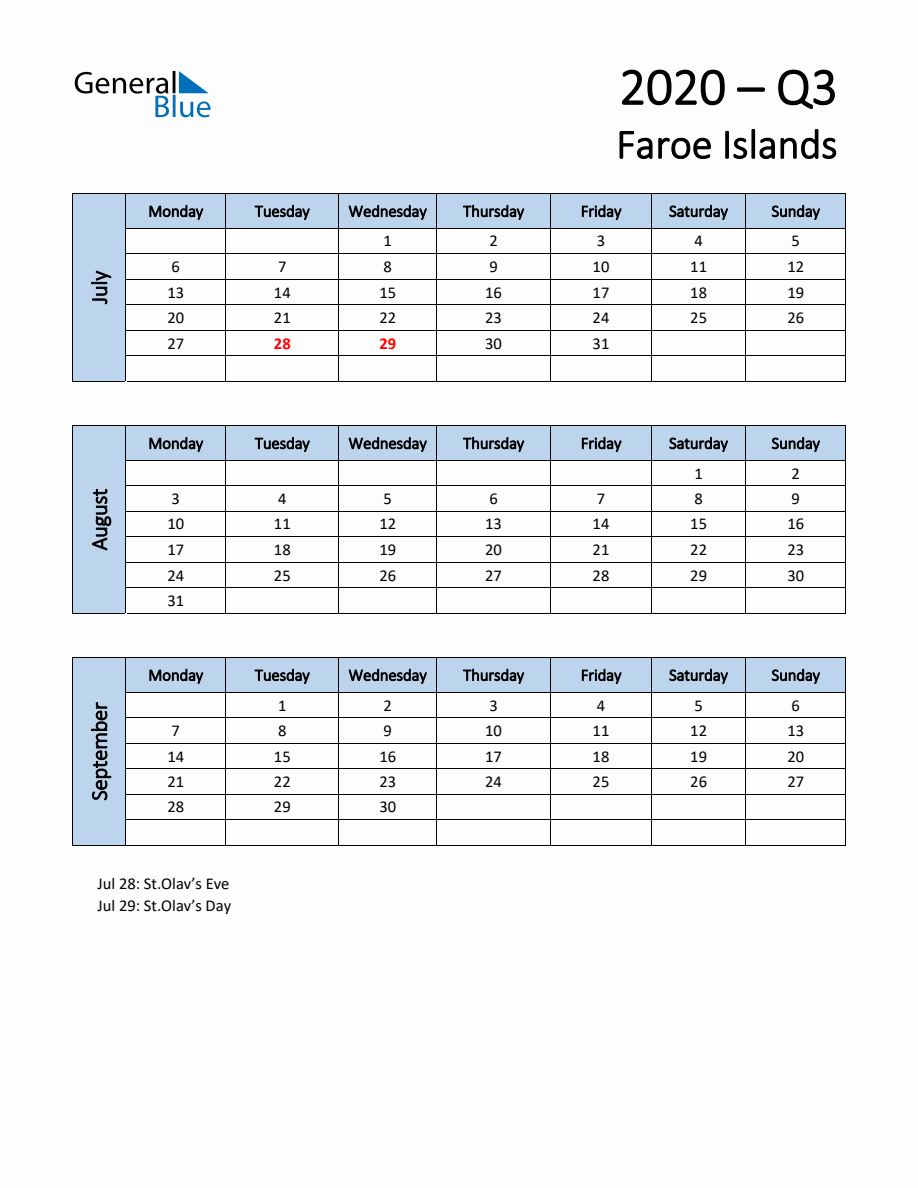 Free Q3 2020 Calendar for Faroe Islands - Monday Start