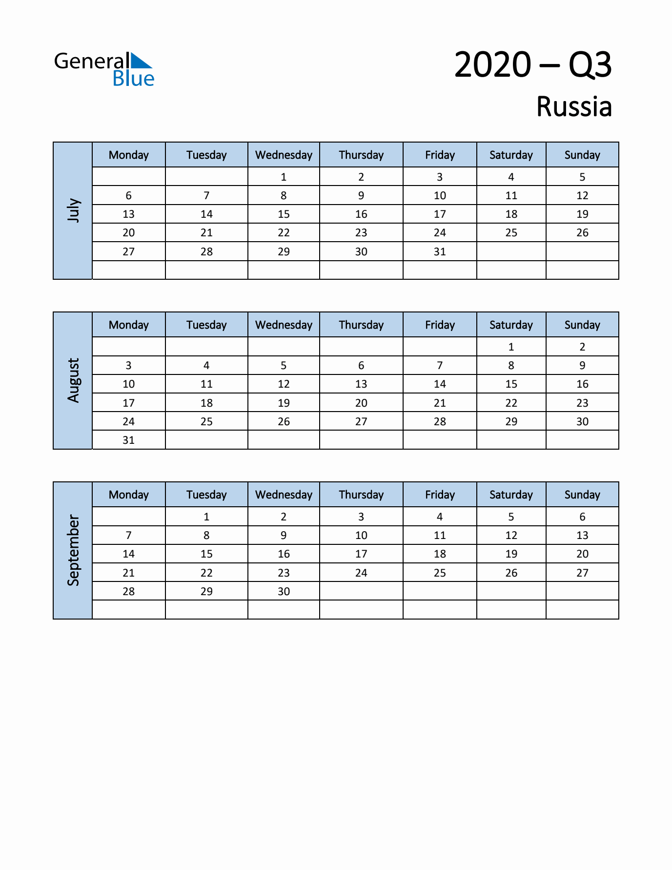 Free Q3 2020 Calendar for Russia - Monday Start