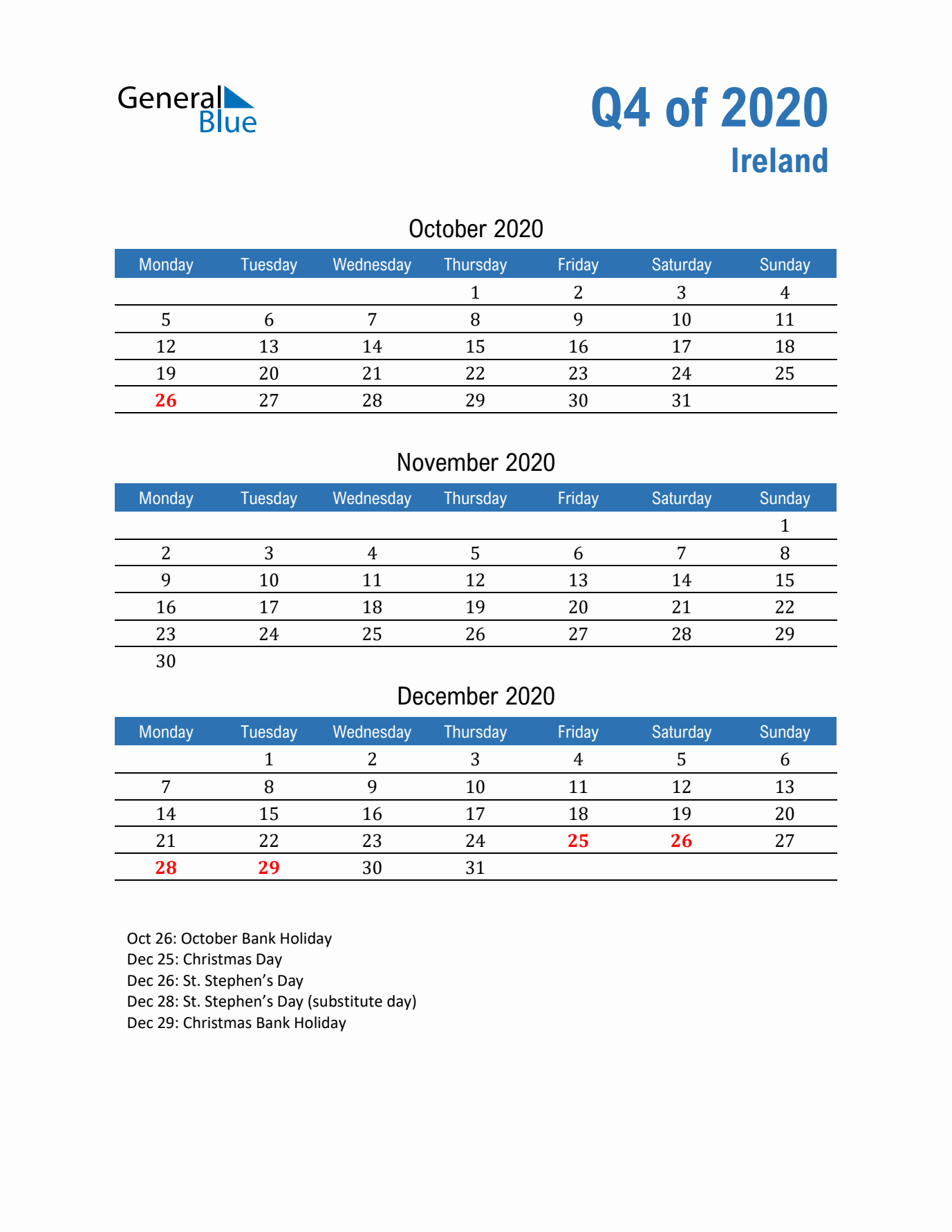Ireland Q4 2020 Quarterly Calendar with Monday Start