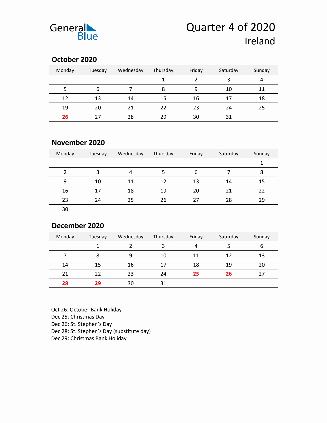 2020 Q4 Three-Month Calendar for Ireland