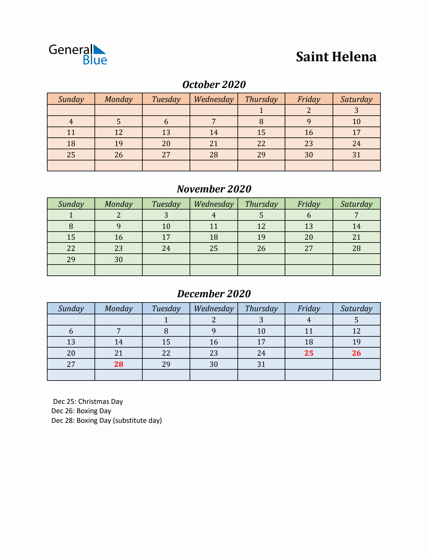 Q4 2020 Holiday Calendar - Saint Helena