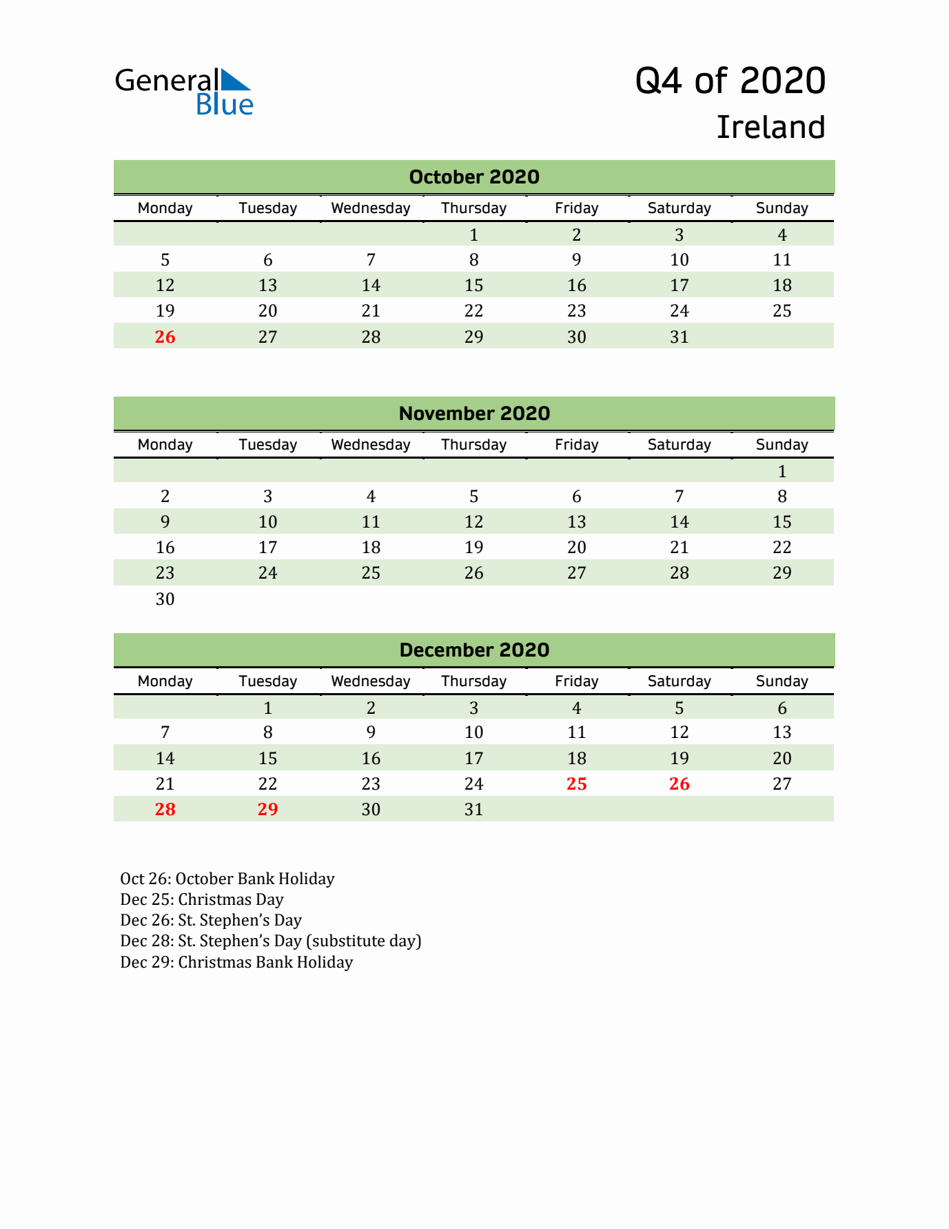 Quarterly Calendar 2020 with Ireland Holidays