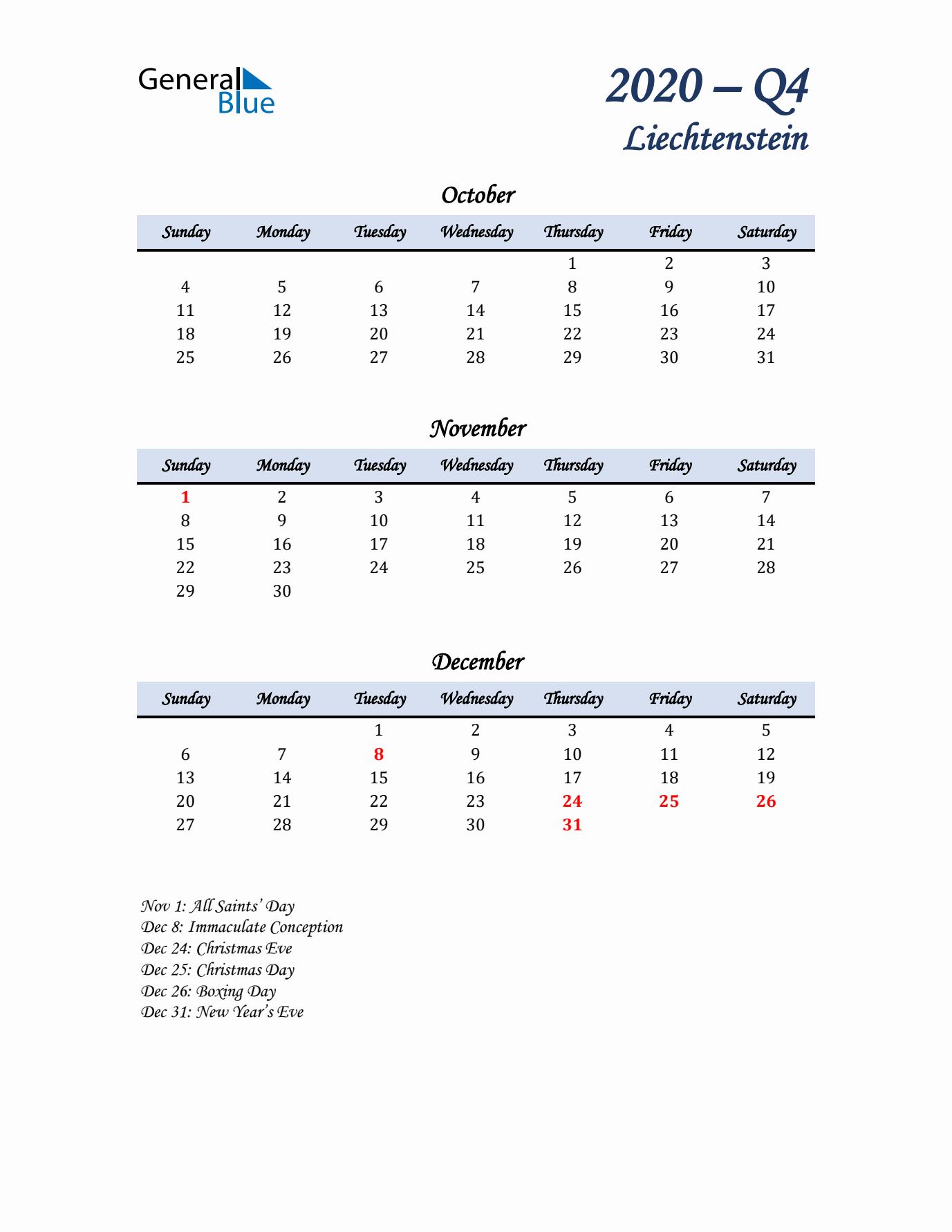 October, November, and December Calendar for Liechtenstein with Sunday Start