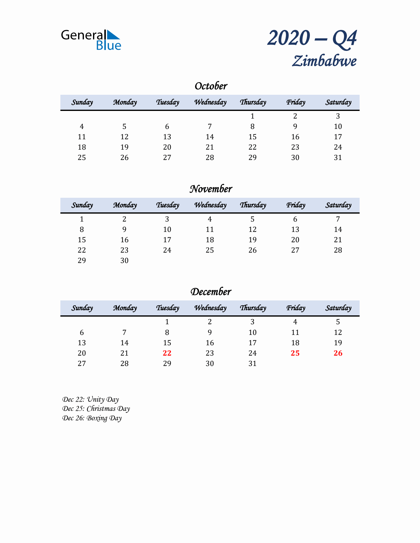 October, November, and December Calendar for Zimbabwe with Sunday Start