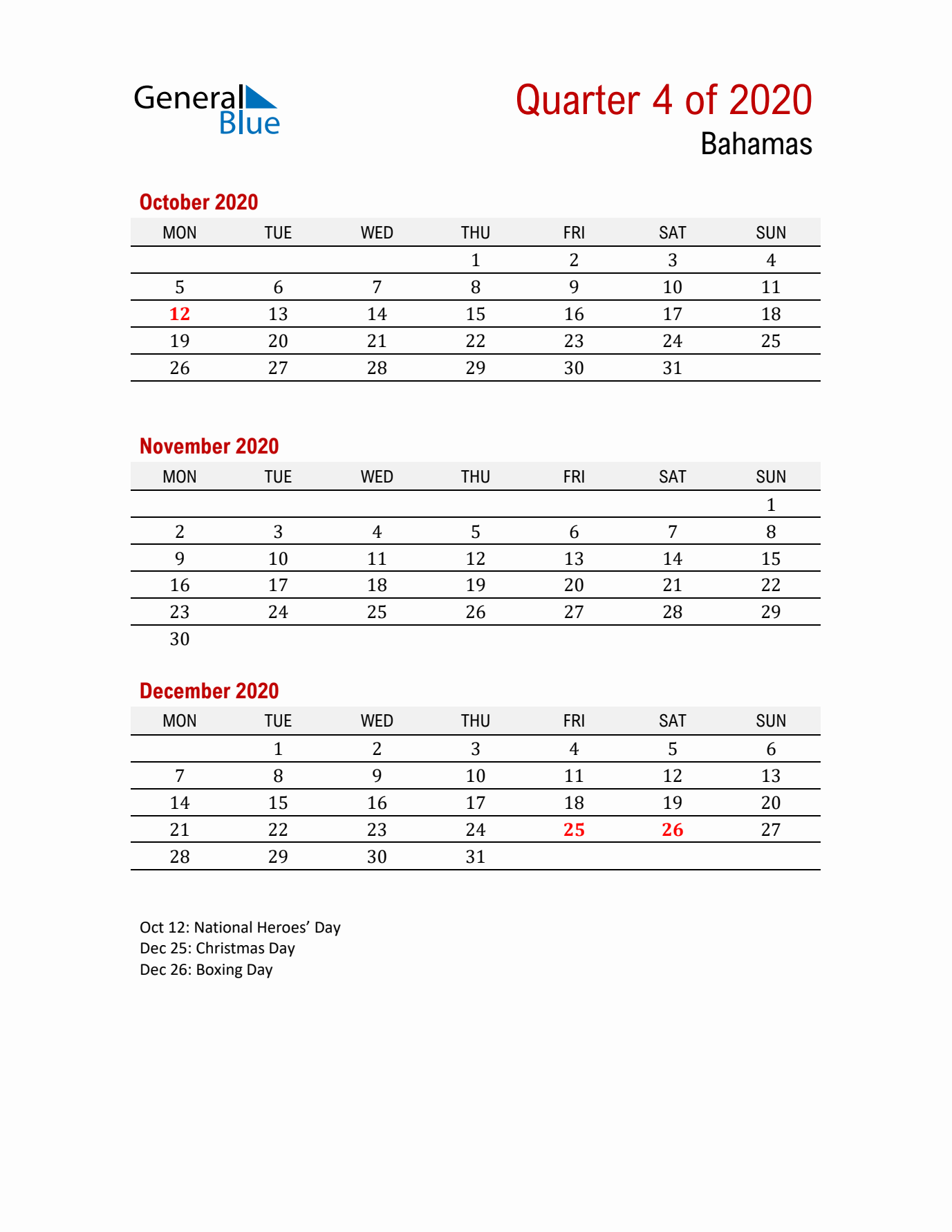 Printable Three Month Calendar with Bahamas Holidays