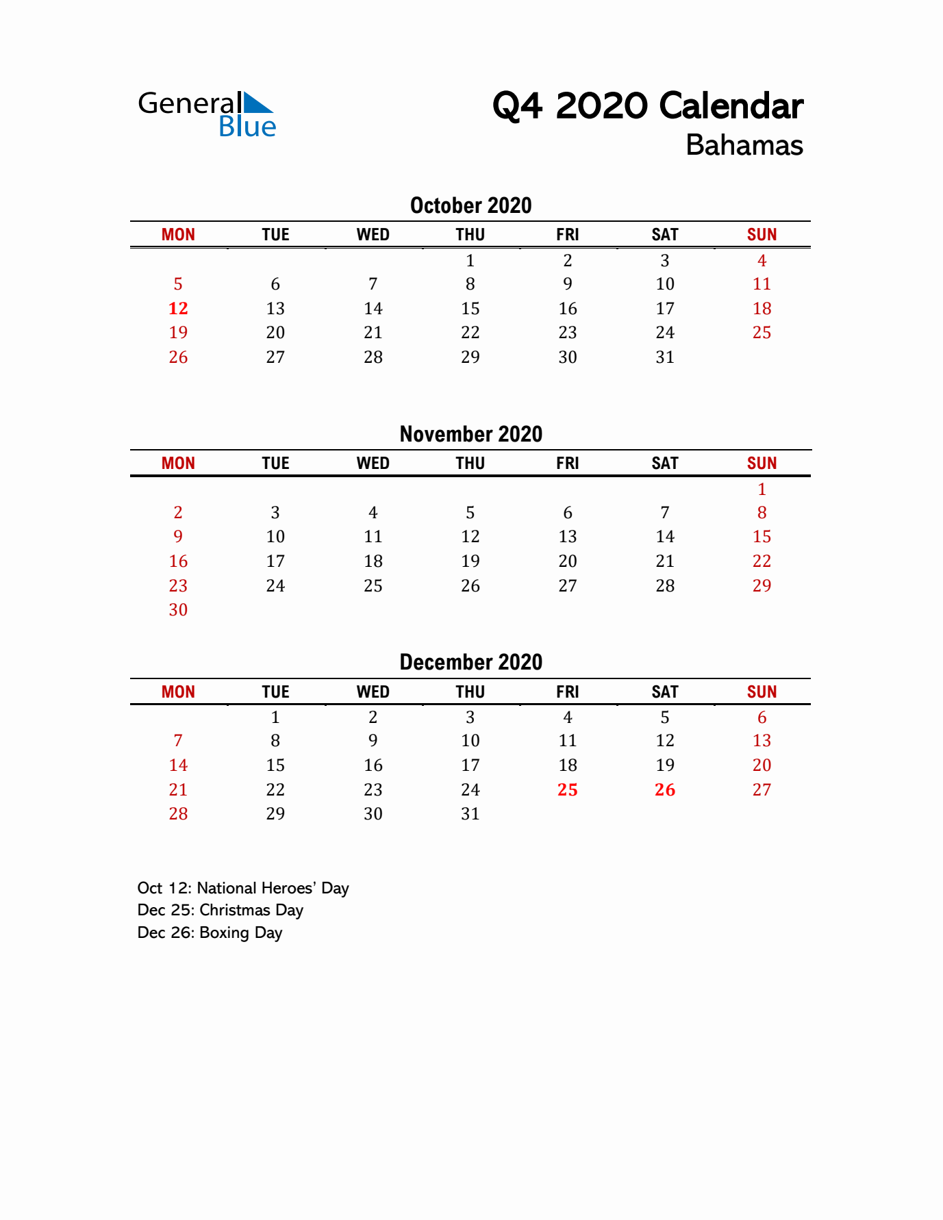 2020 Q4 Calendar with Holidays List for Bahamas