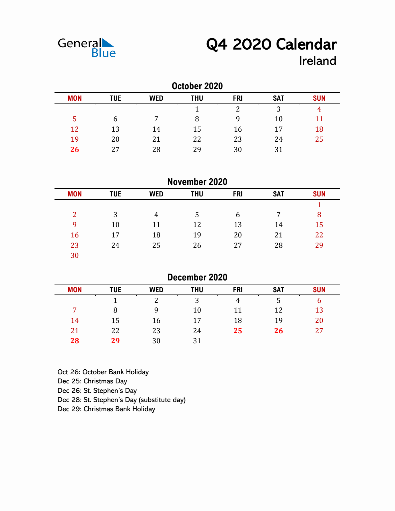 2020 Q4 Calendar with Holidays List for Ireland