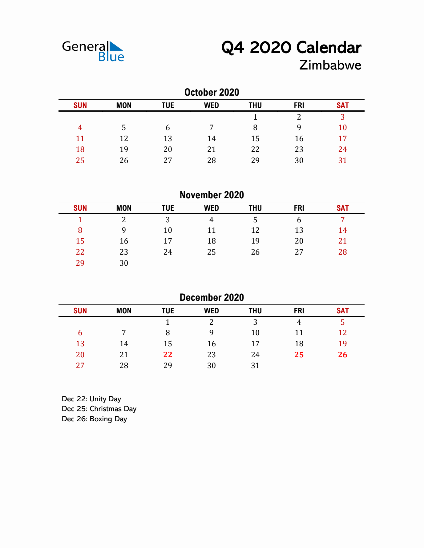 2020 Q4 Calendar with Holidays List for Zimbabwe
