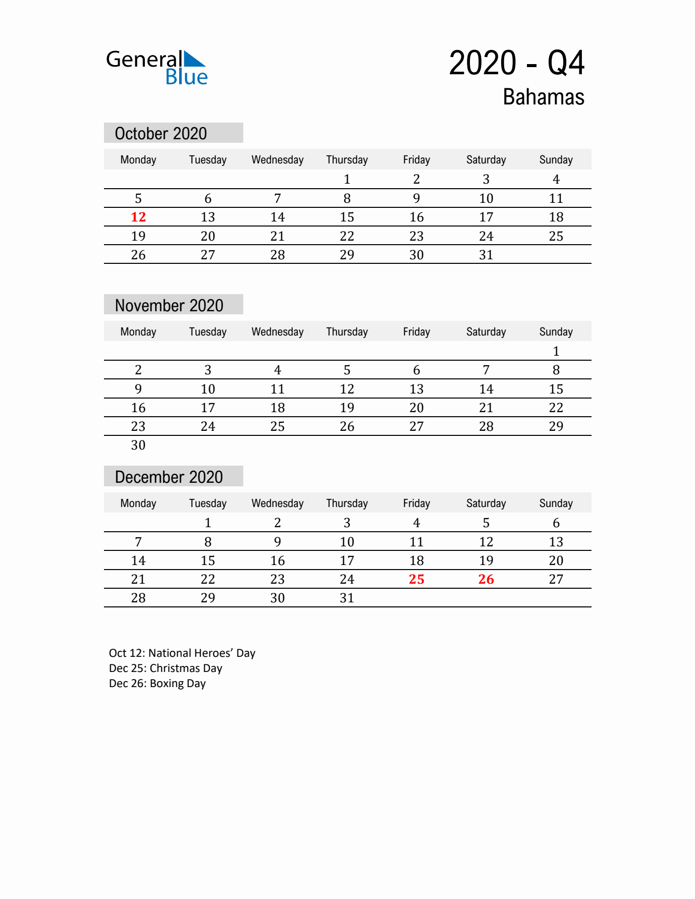 Bahamas Quarter 4 2020 Calendar with Holidays
