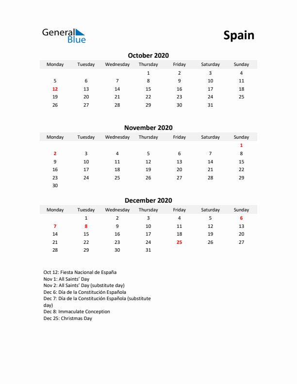 Printable Quarterly Calendar with Notes and Spain Holidays- Q4 of 2020