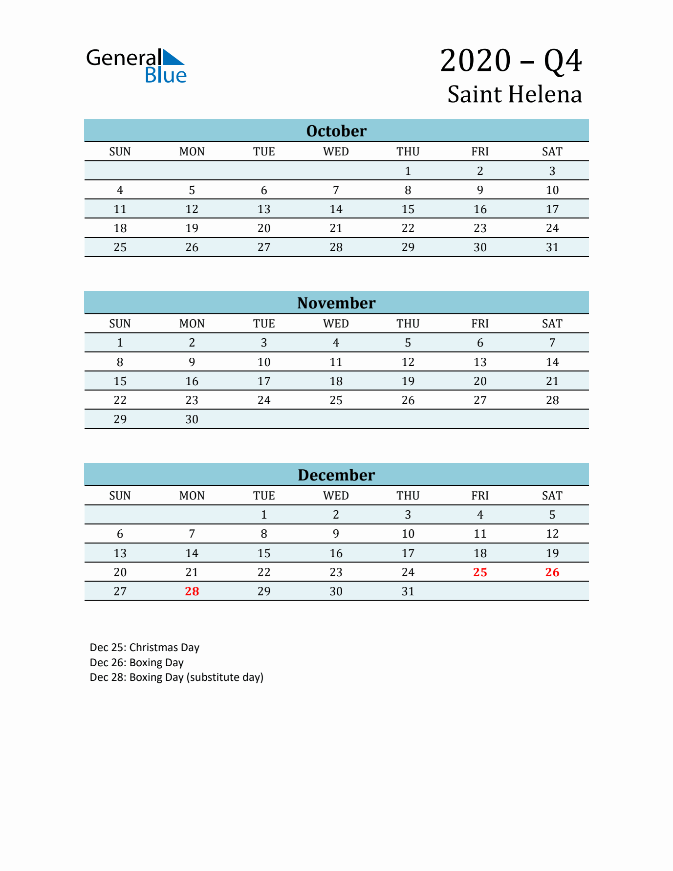 Three-Month Planner for Q4 2020 with Holidays - Saint Helena