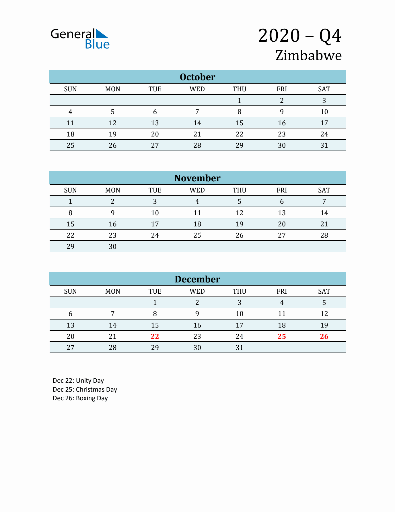 Three-Month Planner for Q4 2020 with Holidays - Zimbabwe