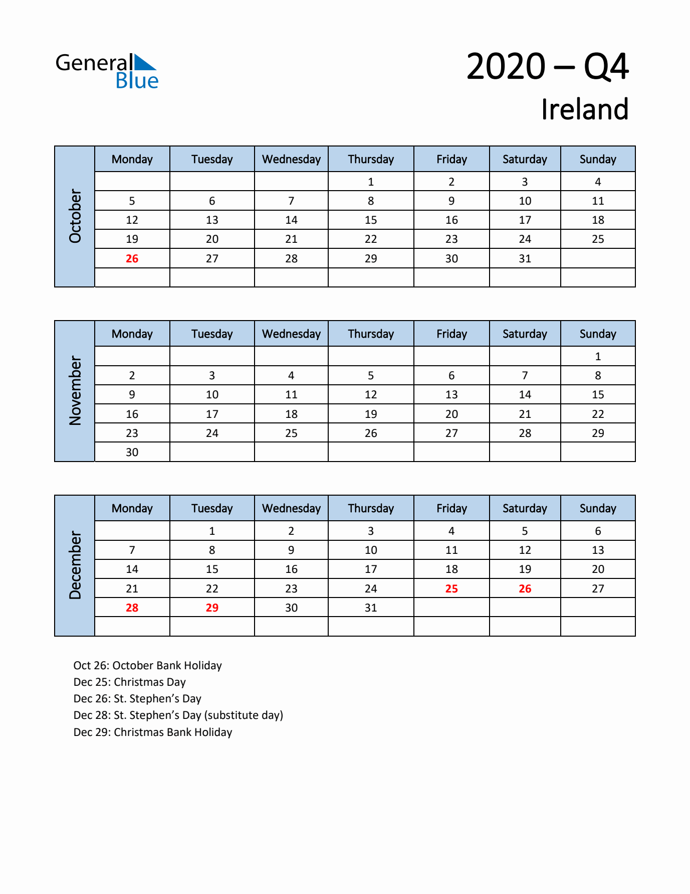 Free Q4 2020 Calendar for Ireland - Monday Start