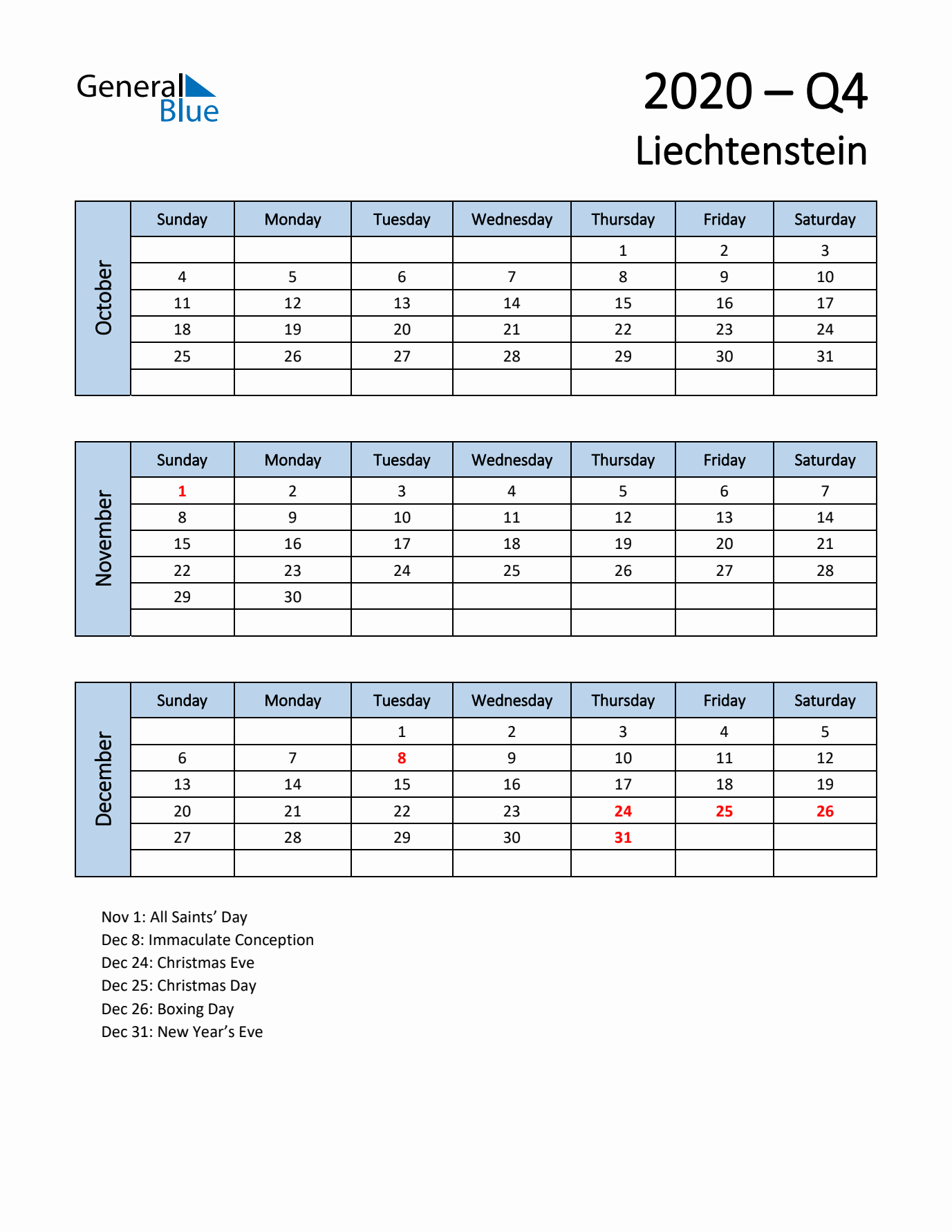 Free Q4 2020 Calendar for Liechtenstein - Sunday Start