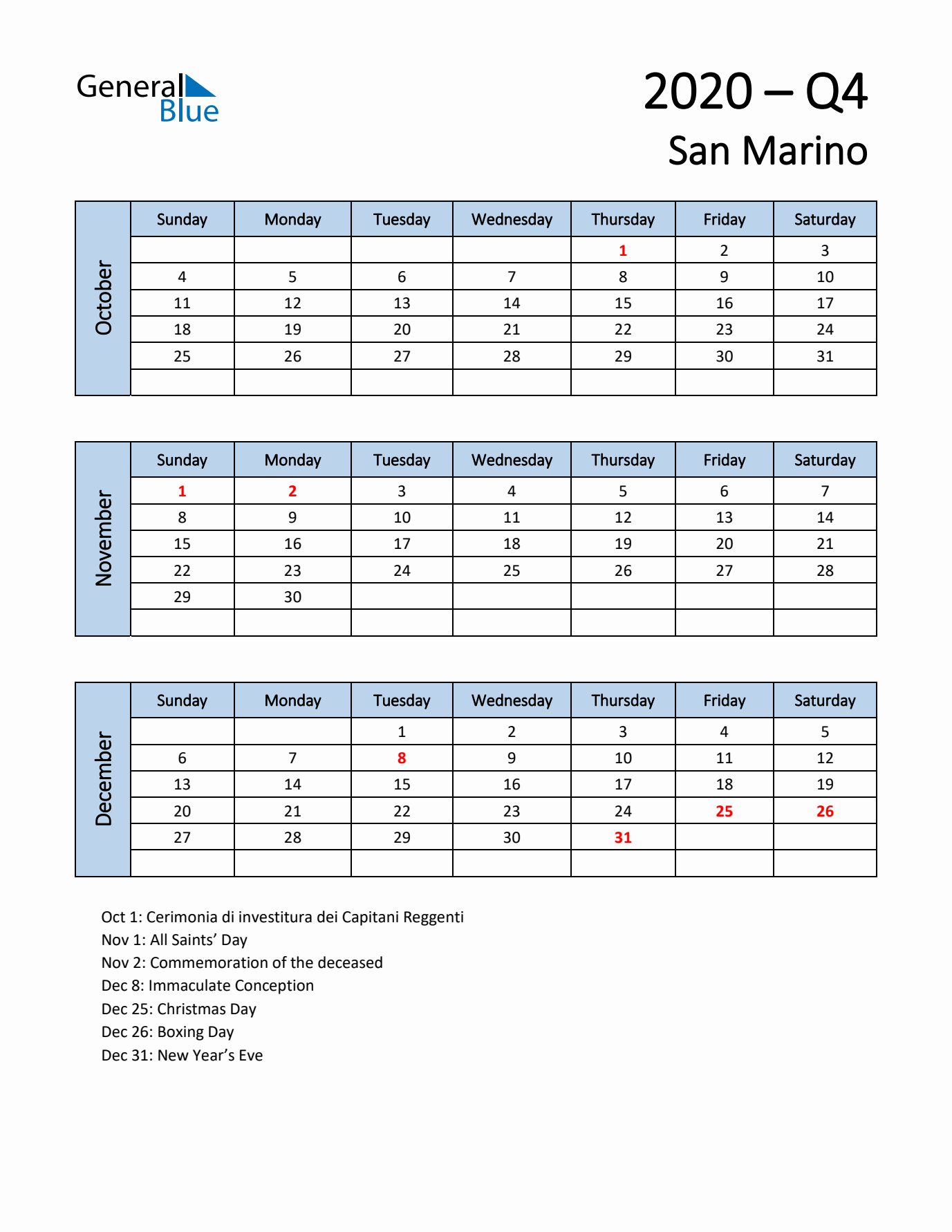 Free Q4 2020 Calendar for San Marino - Sunday Start