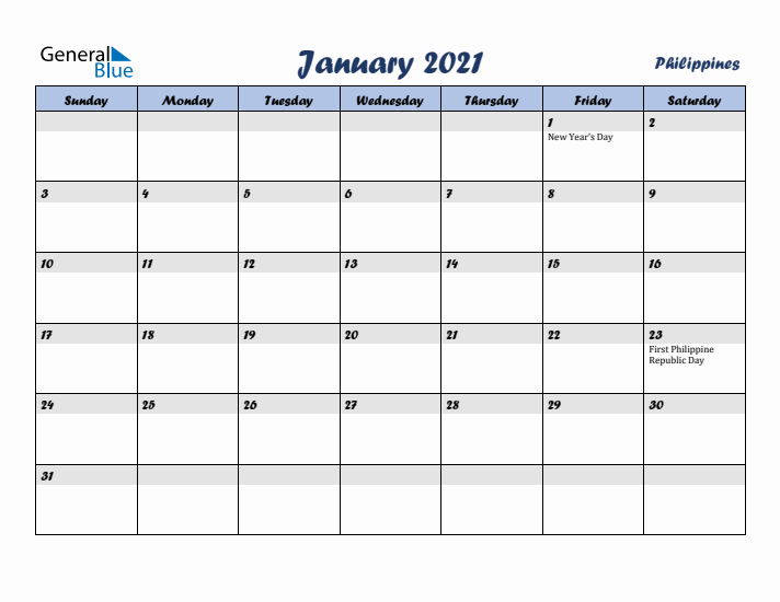 January 2021 Calendar with Holidays in Philippines