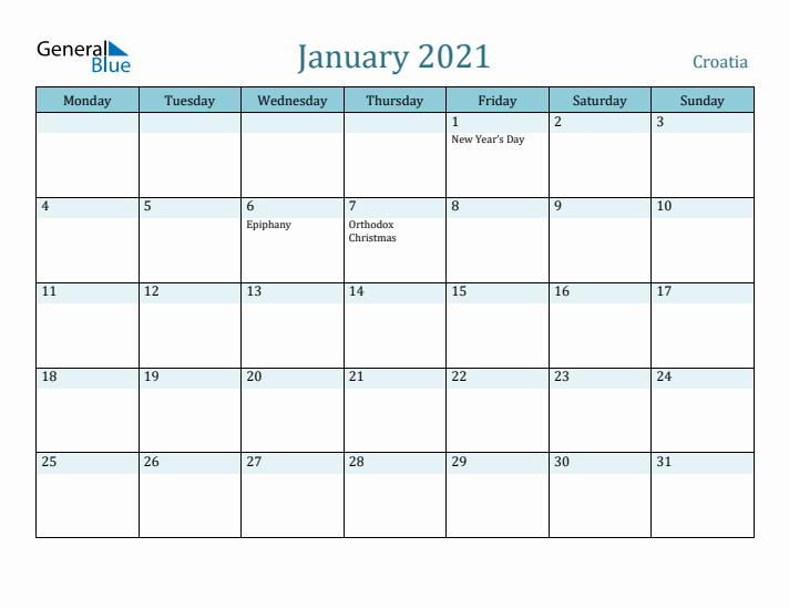 January 2021 Calendar with Holidays
