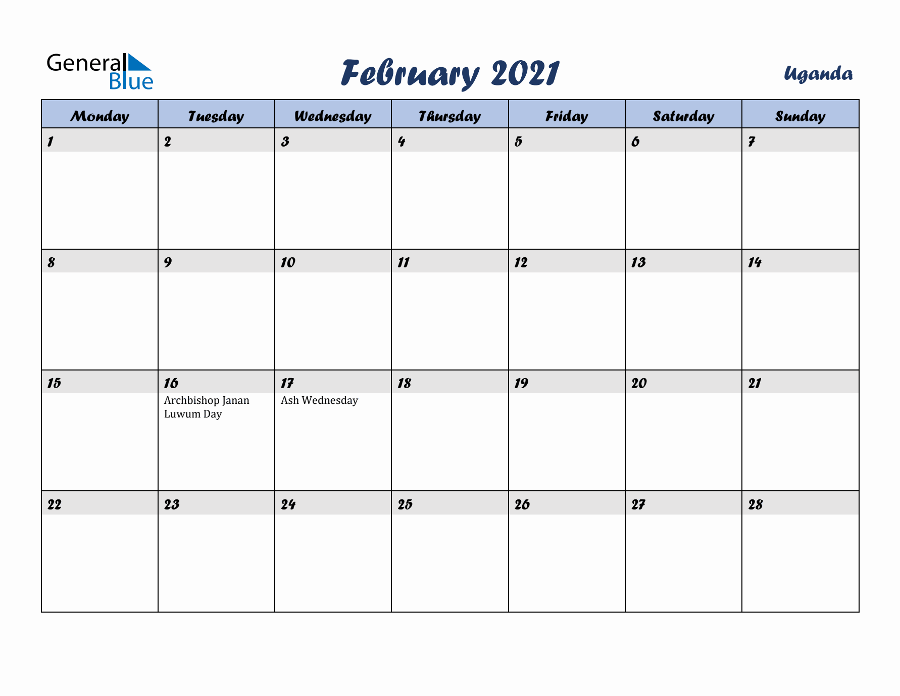 February 2021 Calendar with Holidays in Uganda