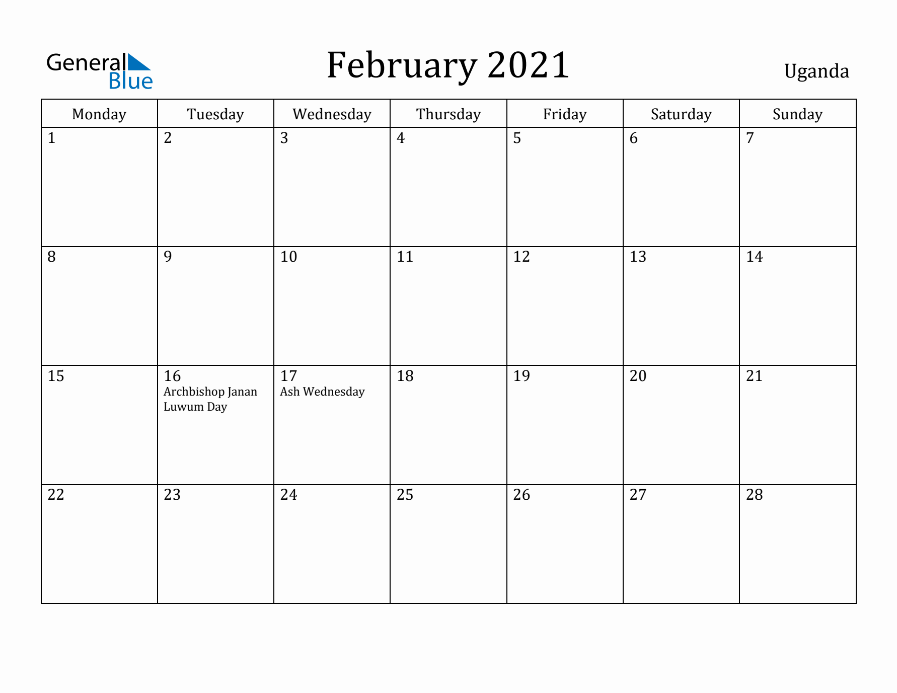 February 2021 Calendar Uganda