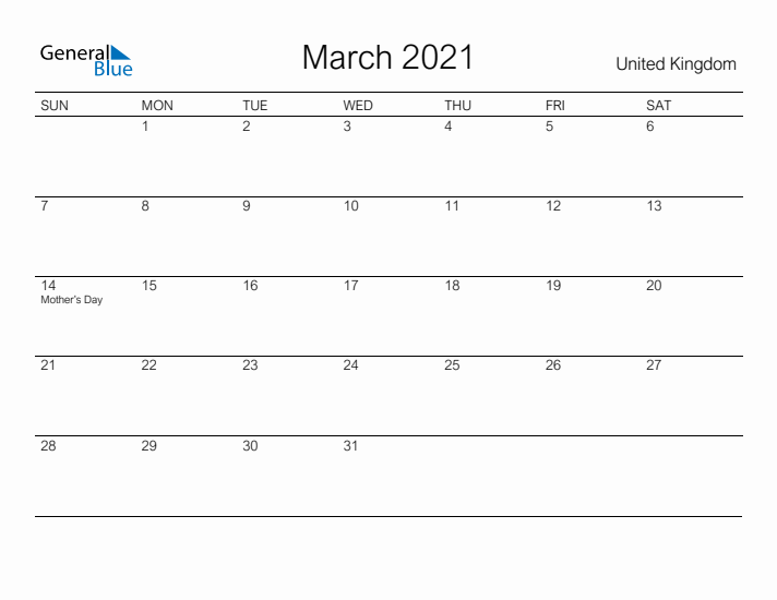 Printable March 2021 Calendar for United Kingdom
