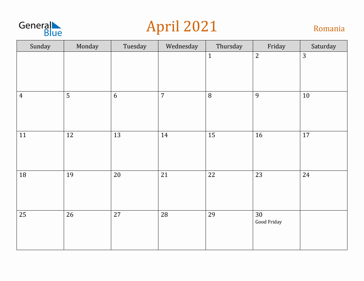 Free April 2021 Romania Calendar