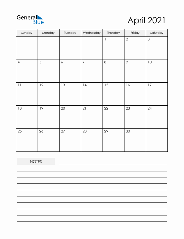 Printable Calendar with Notes - April 2021