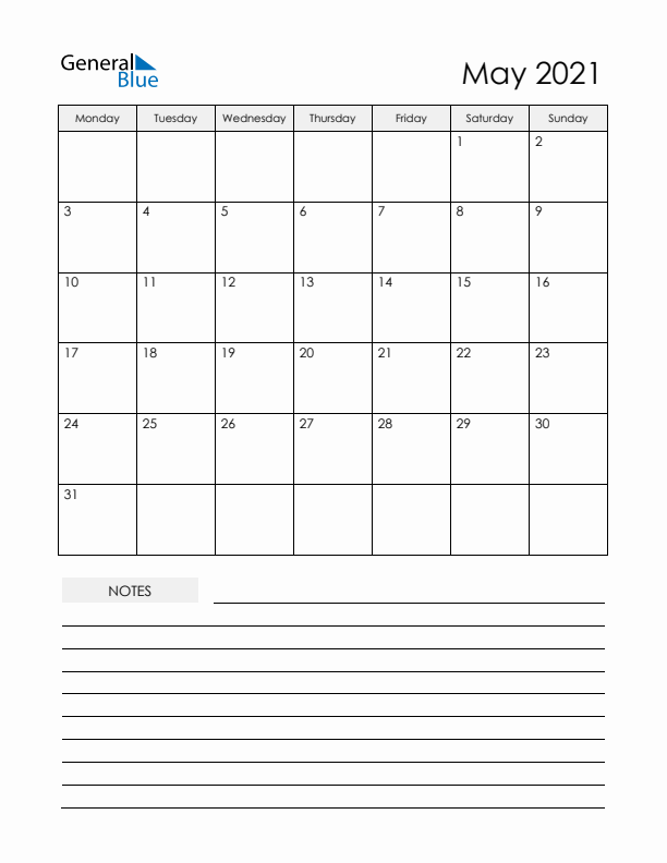 Printable Calendar with Notes - May 2021