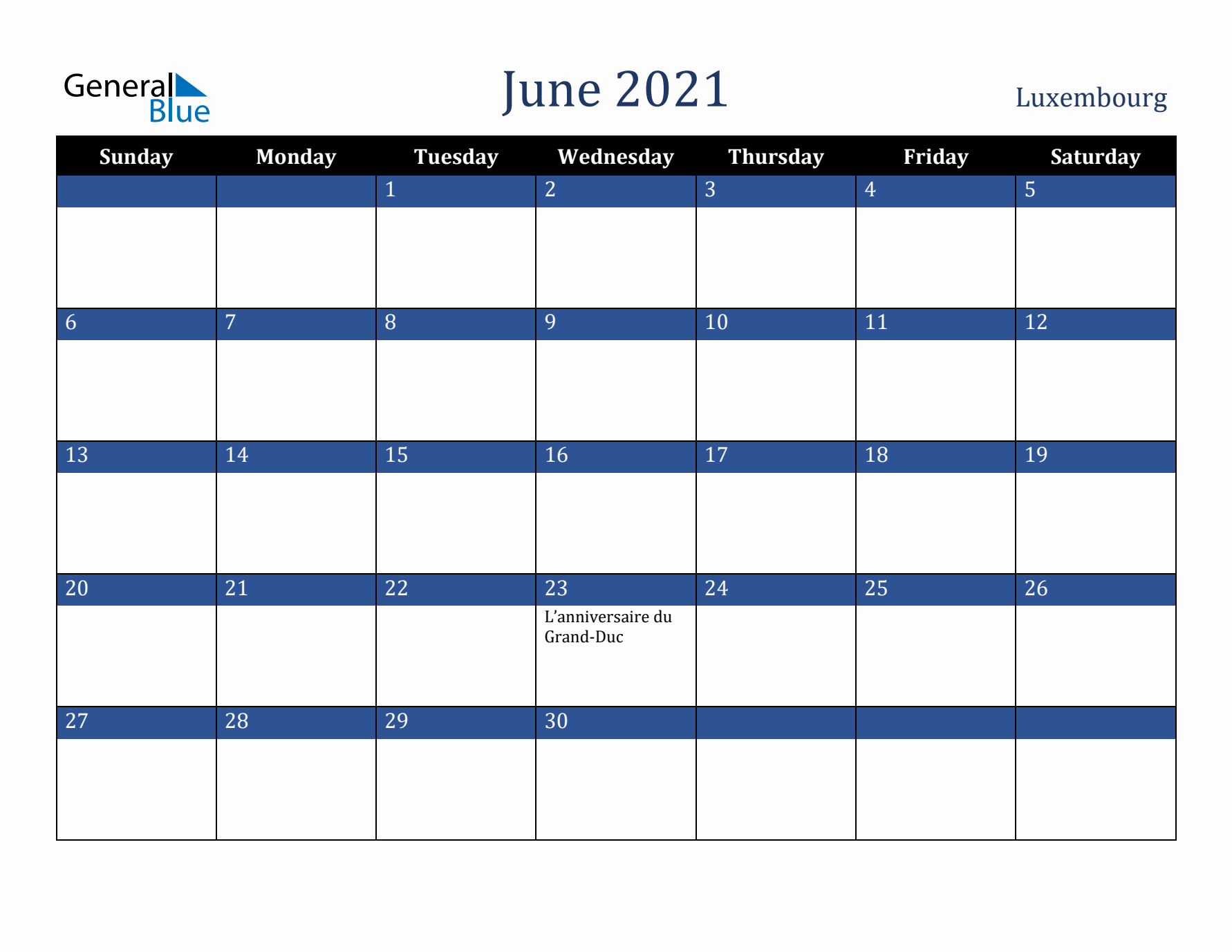 June 2021 Luxembourg Calendar (Sunday Start)