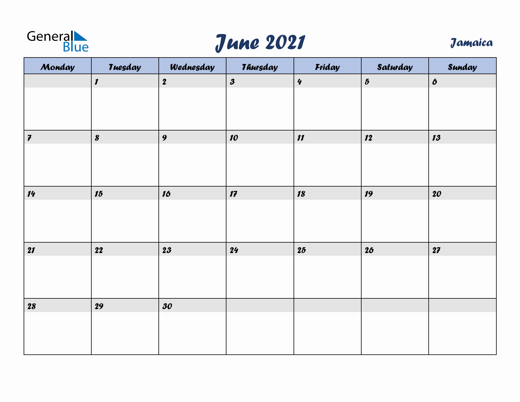 June 2021 Calendar with Holidays in Jamaica