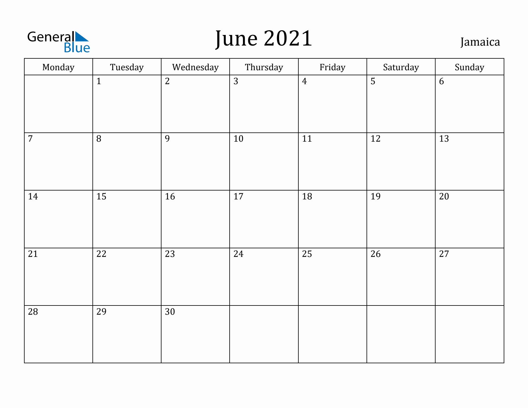 June 2021 Calendar Jamaica