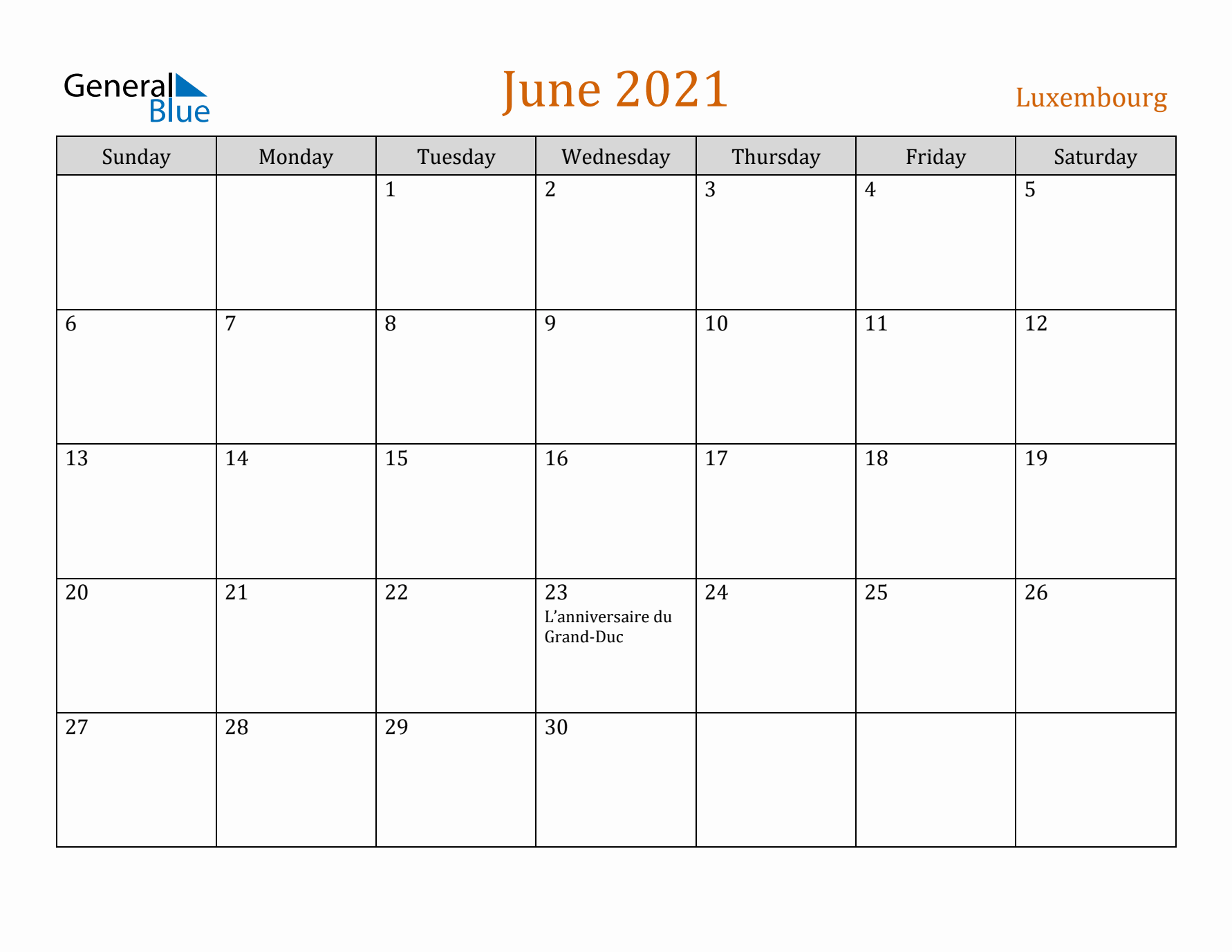 June 2021 Holiday Calendar with Sunday Start