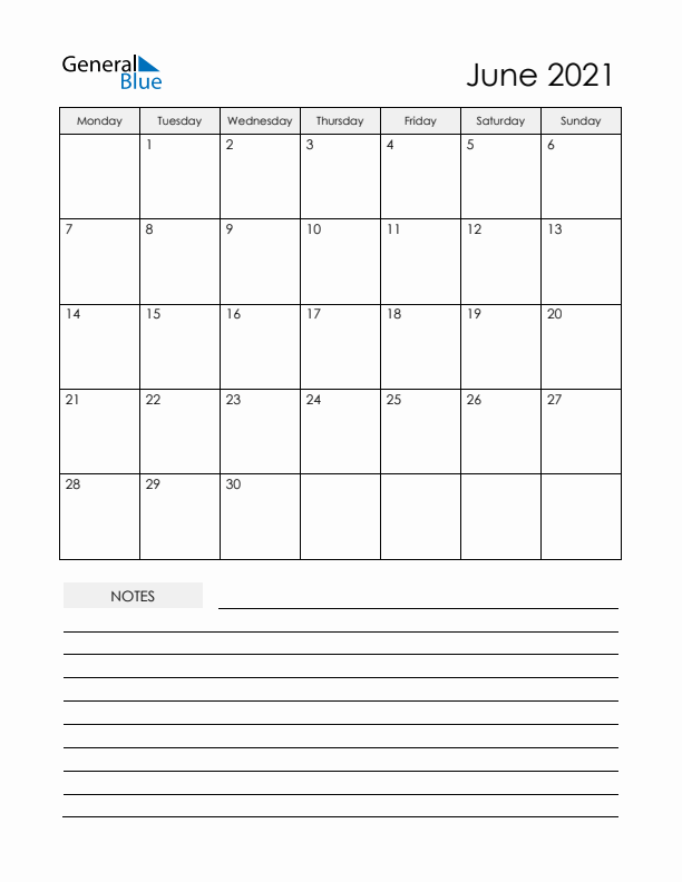 Printable Calendar with Notes - June 2021