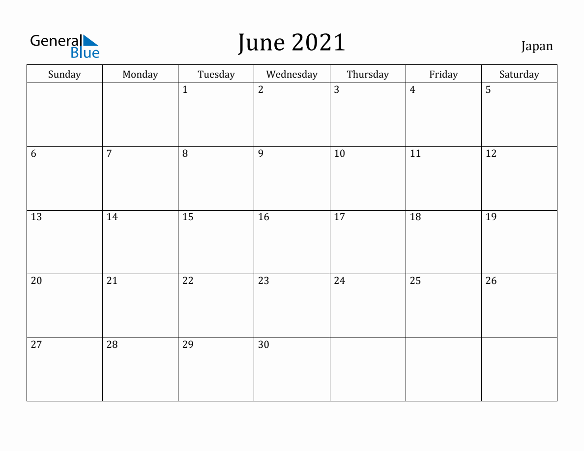 June 2021 Monthly Calendar with Japan Holidays