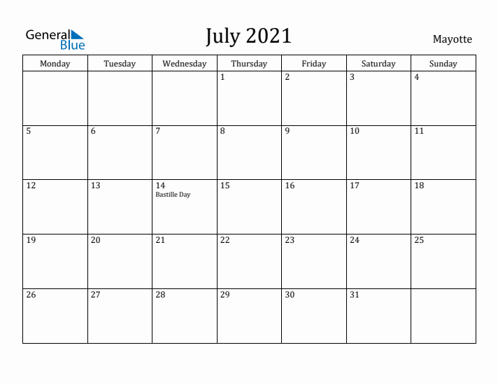July 2021 Calendar Mayotte