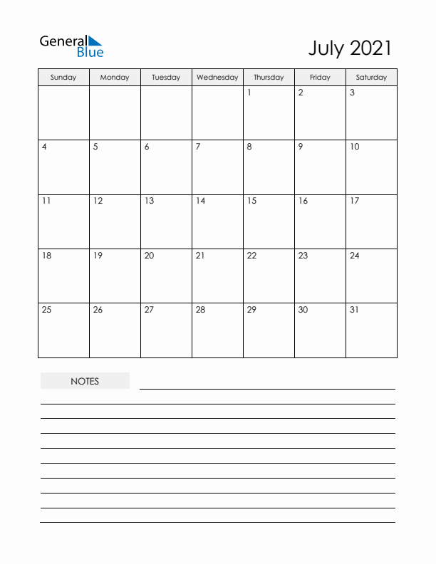 Printable Calendar with Notes - July 2021