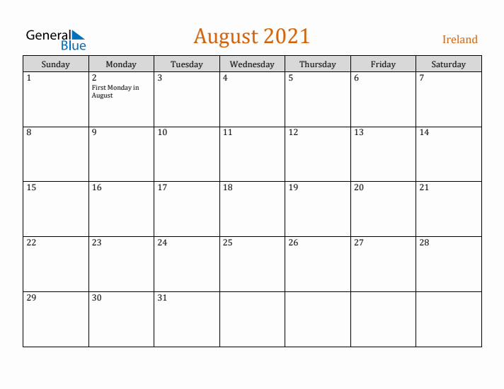 August 2021 Holiday Calendar with Sunday Start