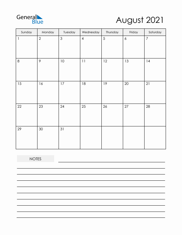 Printable Calendar with Notes - August 2021