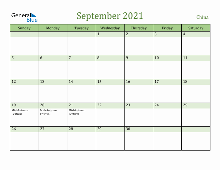 September 2021 Calendar with China Holidays