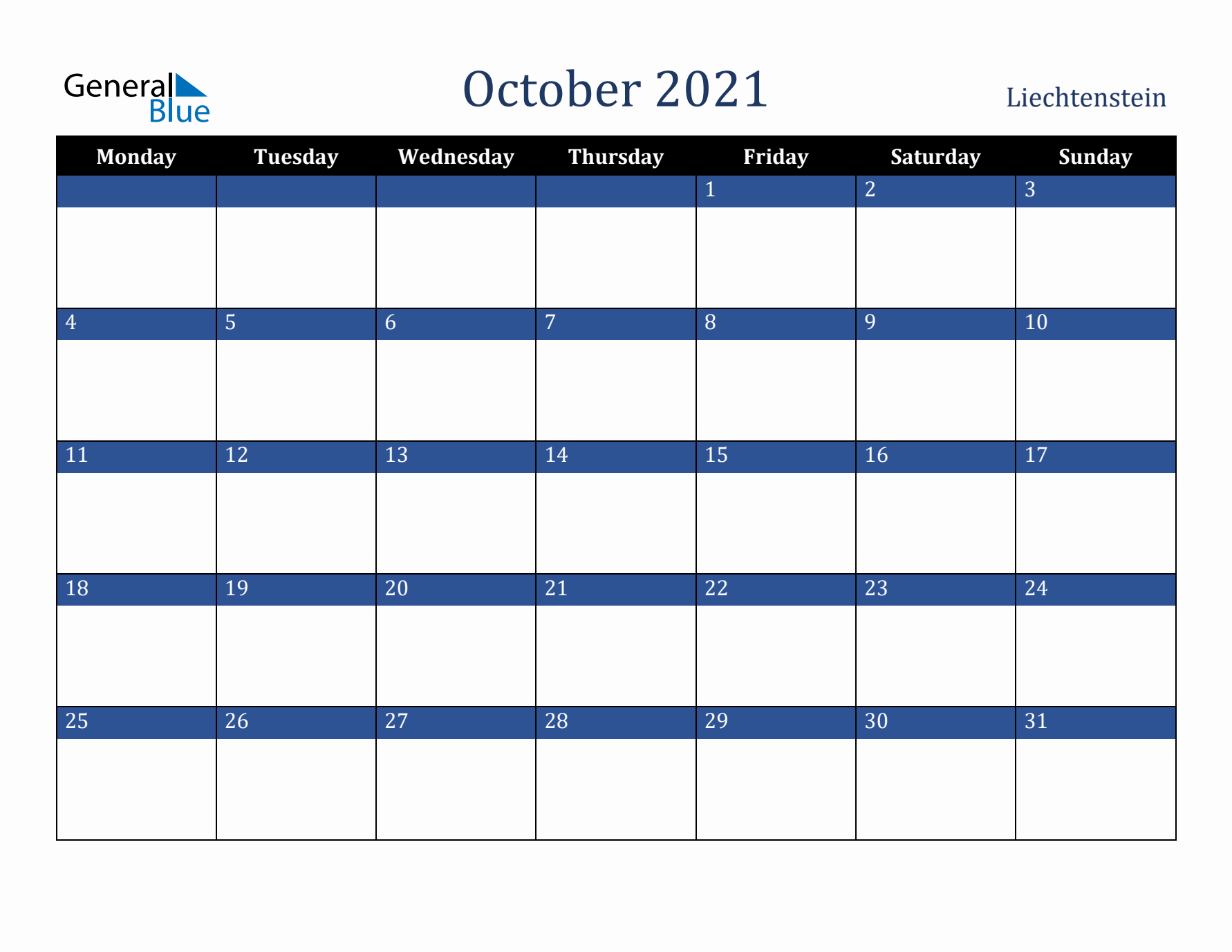 October 2021 Liechtenstein Calendar (Monday Start)