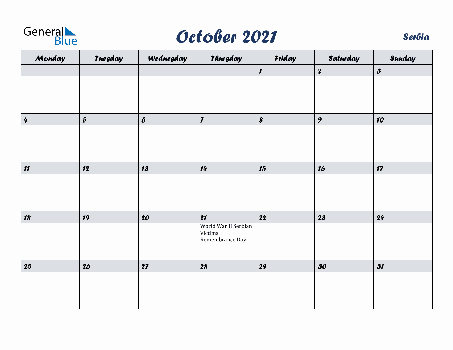October 2021 Calendar with Holidays in Serbia