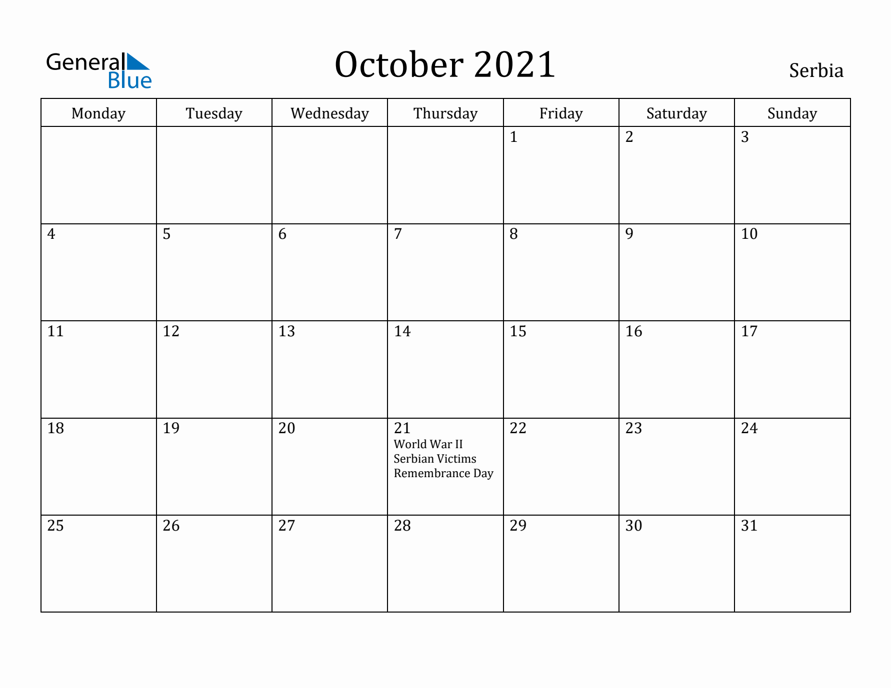 October 2021 Calendar Serbia