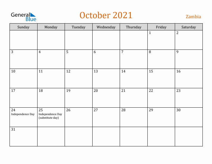 October 2021 Holiday Calendar with Sunday Start