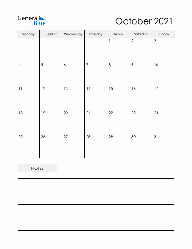 Printable Calendar with Notes - October 2021