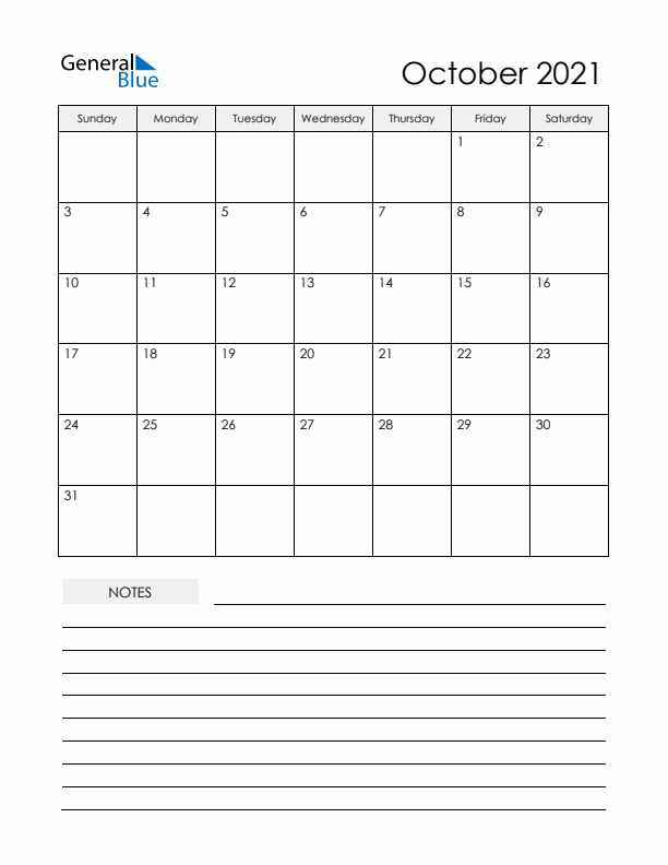 Printable Calendar with Notes - October 2021