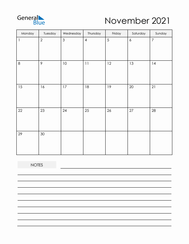 Printable Calendar with Notes - November 2021