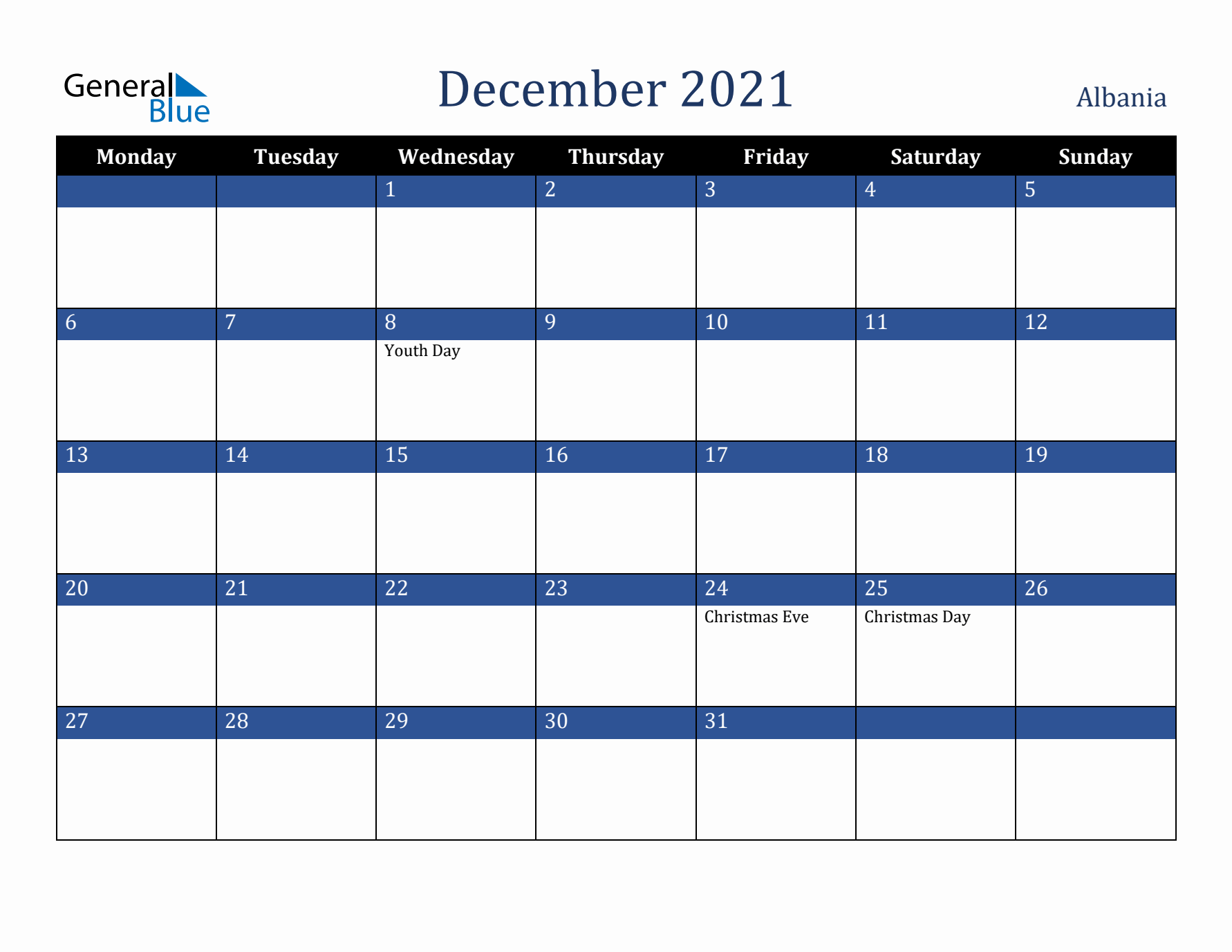 December 2021 Albania Calendar (Monday Start)