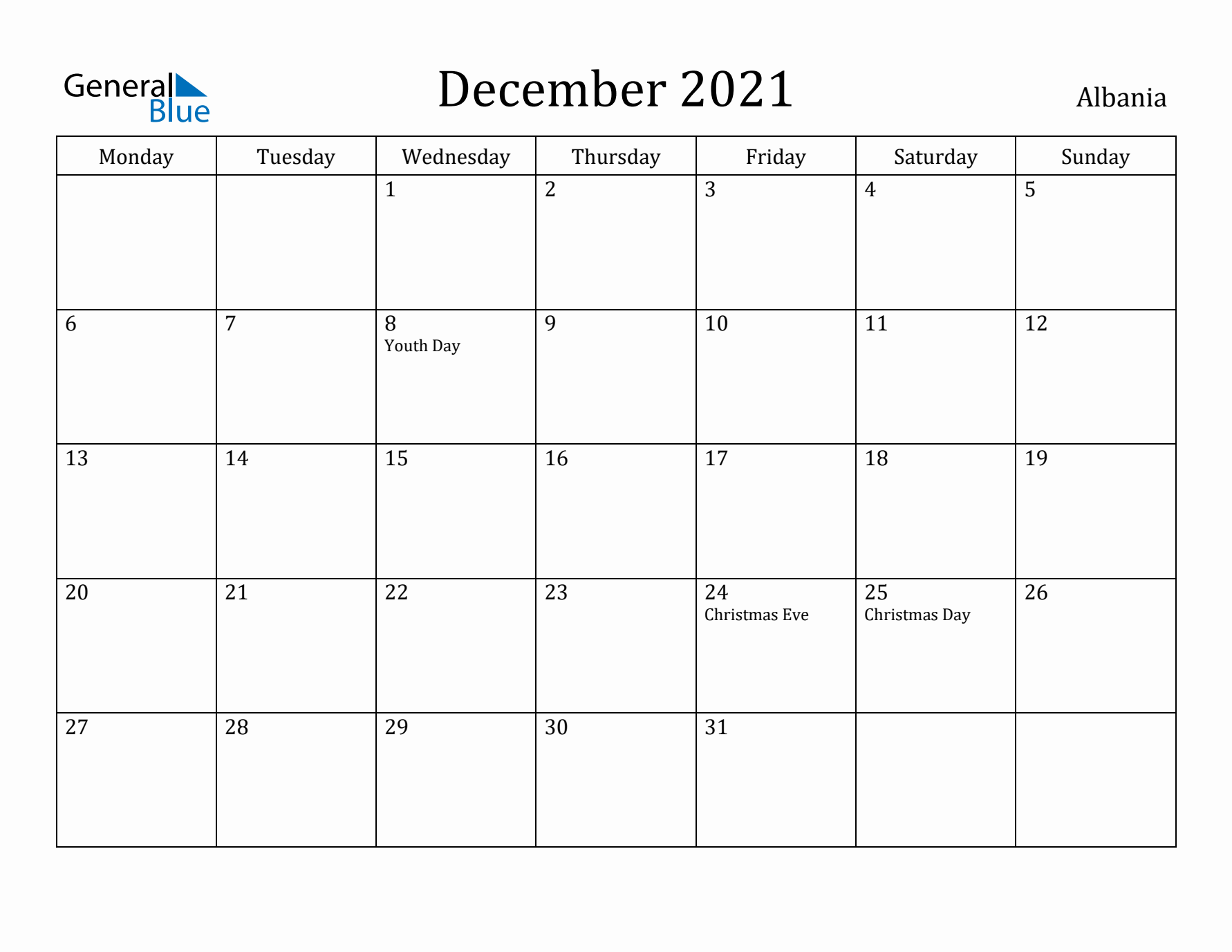 December 2021 Calendar Albania